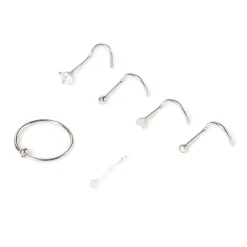 20G Silver-tone Stainless Steel Ball Heart Nose Ring & Studs - 6 Pack