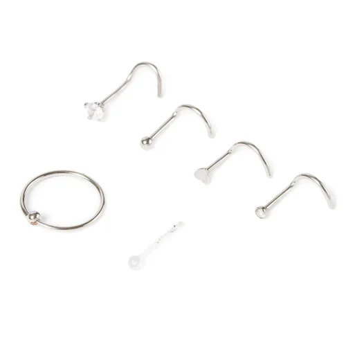 20G Silver-tone Stainless Steel Ball Heart Nose Ring & Studs - 6 Pack