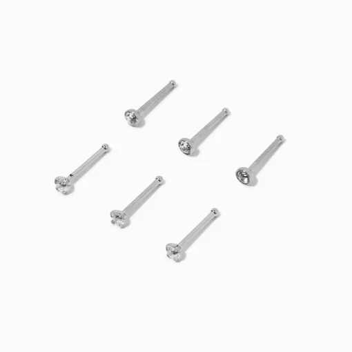 20G Silver-tone Stainless Steel Cubic Zirconia Nose Studs - 6 Pack