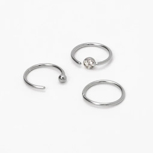 20G Silver-tone Stainless Steel Crystal Ball Nose Rings - 3 Pack