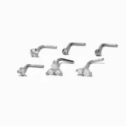 20G Silver-tone Stainless Steel Cubic Zirconia Mixed Bling Nose Studs - 6 Pack
