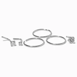 20G Silver-tone Stainless Steel Cubic Zirconia Daisy & Square Studs & Hoops - 6 Pack