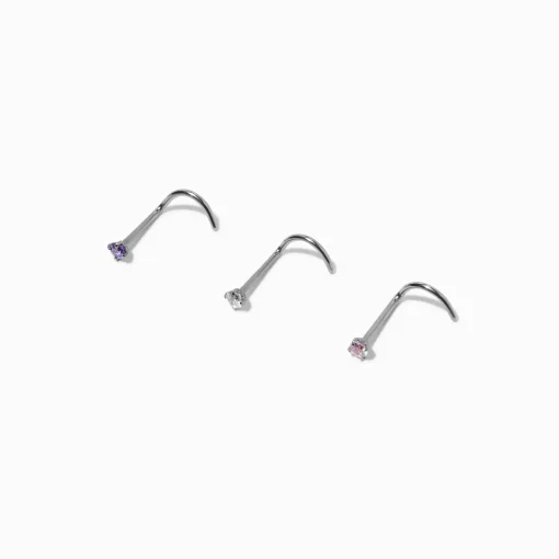 20G Silver-tone Titanium Crystal Nose Studs - 3 Pack