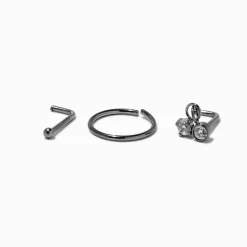 20G Silver-tone Titanium Cubic Zirconia Dangling Nose Rings & Studs - 3 Pack