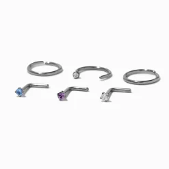 18G Silver-tone Titanium Cubic Zirconia Mixed Aqua Nose Rings - 6 Pack