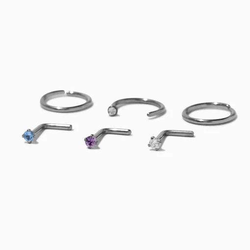 18G Silver-tone Titanium Cubic Zirconia Mixed Aqua Nose Rings - 6 Pack