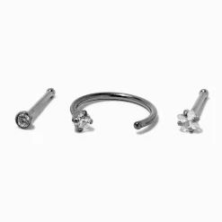 20G Silver-tone Titanium Cubic Zirconia Nose Studs & Ring - 3 Pack