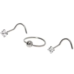 20G Silver-tone Titanium Double Crystal Nose Studs - 3 Pack