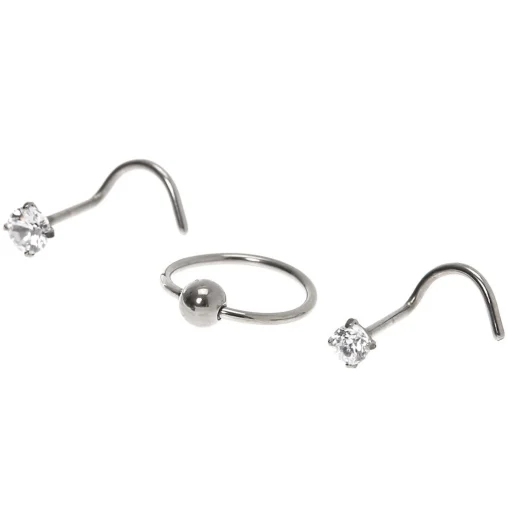 20G Silver-tone Titanium Double Crystal Nose Studs - 3 Pack