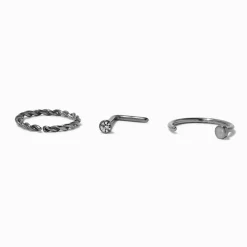 20G Silver-tone Titanium Nose Studs & Twisted Hoop - 3 Pack