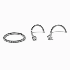 18G Silver-tone Titanium Rhinestone Nose Stud & Hoop - 3 Pack