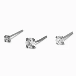 22G Sterling Silver Block Crystal Nose Studs - 3 Pack
