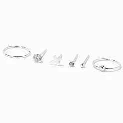 22G Sterling Silver Cross Embellished Nose Studs & Rings - 6 Pack