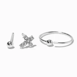 22G Sterling Silver Cross Stud & Hoop Nose Rings - 3 Pack