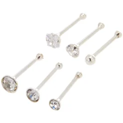 22G Sterling Silver Crystal Mixed Nose Studs - 6 Pack
