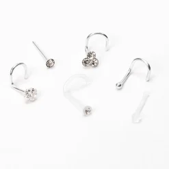 22G Sterling Silver Crystal Ball Bezel Nose Studs - 6 Pack