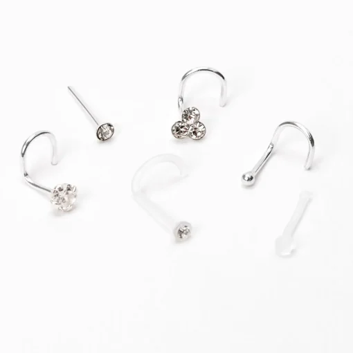 22G Sterling Silver Crystal Ball Bezel Nose Studs - 6 Pack