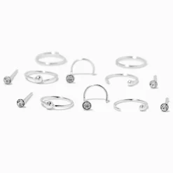 22G Sterling Silver Crystal Nose Studs & Hoops - 12 Pack