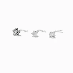 22G Sterling Silver Cubic Zirconia Flower Nose Studs - 3 Pack
