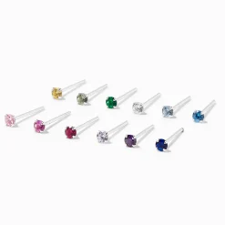 22G Sterling Silver Rainbow Crystal Nose Studs - 12 Pack