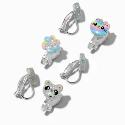 Glitter Cat, Bears & Paws Clip-On Earrings - 3 Pack