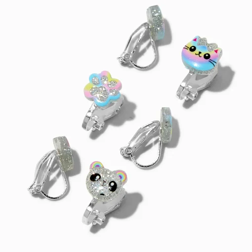 Glitter Cat, Bears & Paws Clip-On Earrings - 3 Pack
