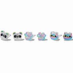 Glitter Panda & Cat Paw Acrylic Stud Earrings - 3 Pack
