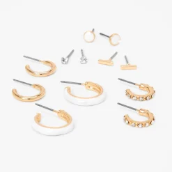 Gold & White Enamel Earrings Set - 6 Pack