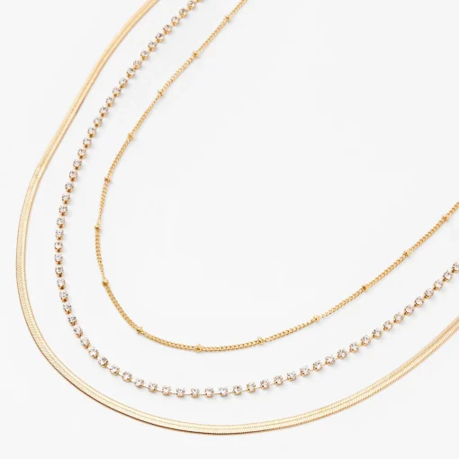 Gold Beaded, Rhinestone & Snake Chain Necklaces - 3 Pack