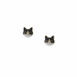 Gold Black & White Cat Stud Earrings