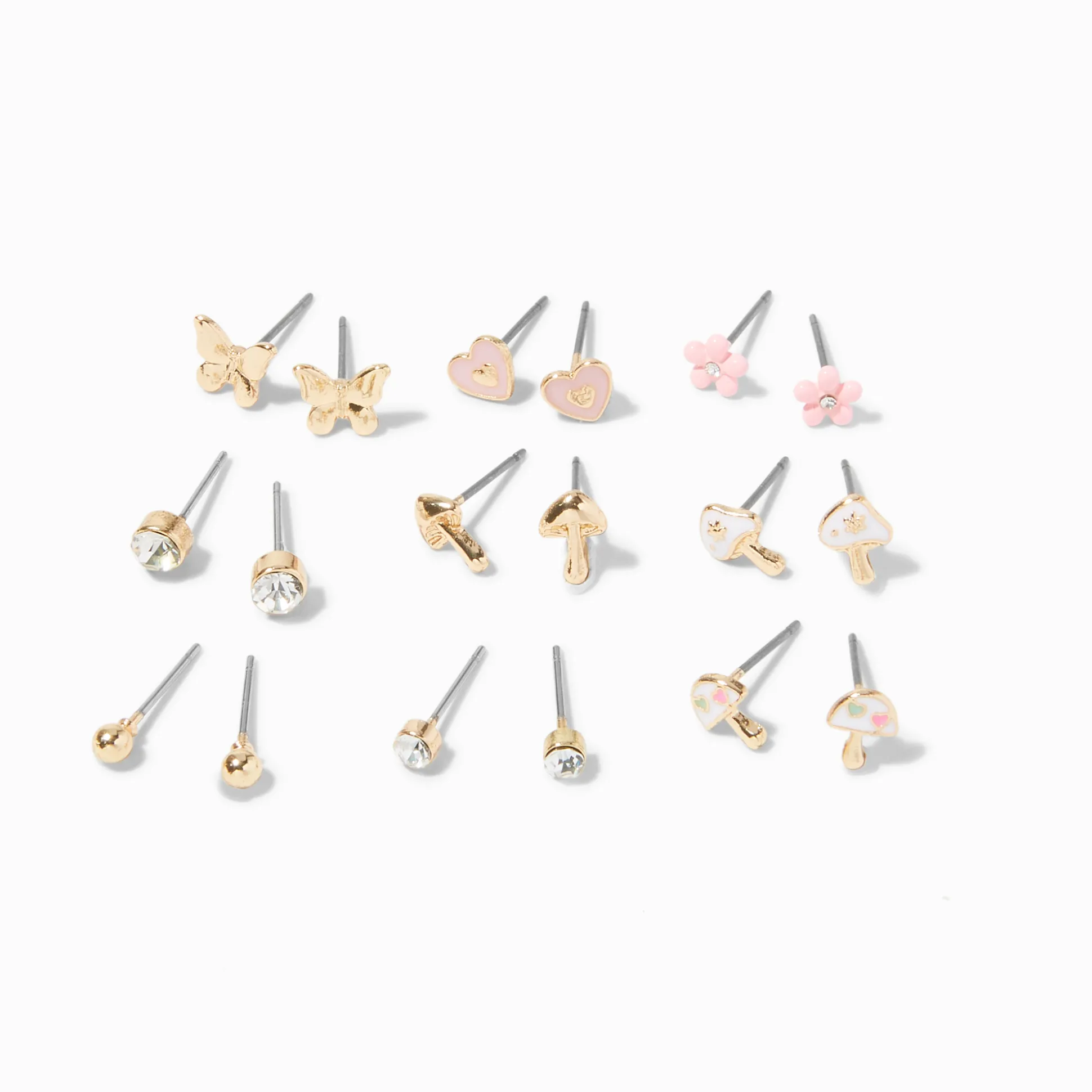 Gold Cottagecore Stud Earrings - 9 Pack