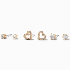 Gold Cubic Zirconia Heart & Stud Earrings - 3 Pack
