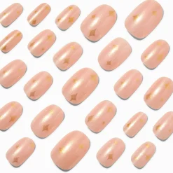 Gold Glitter Celestial Medium Oval Vegan Faux Nail Set - 24 Pack