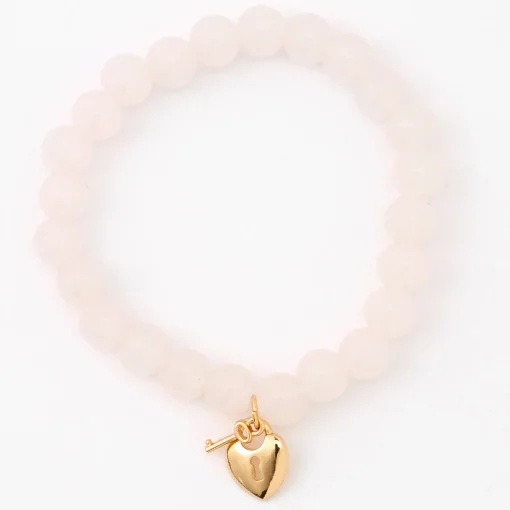 Gold Heart Lock & Key Blush Pink Beaded Stretch Bracelet