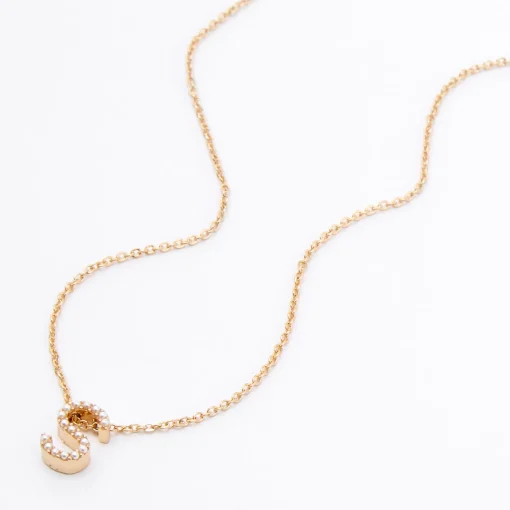 Gold Mini Pearl Initial Pendant Necklace - S