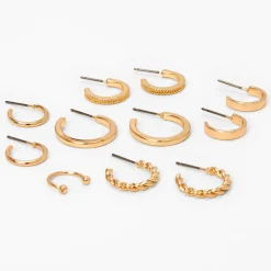 Gold Mixed Hoop Earrings and Ear Cuff Set - 6 Pack