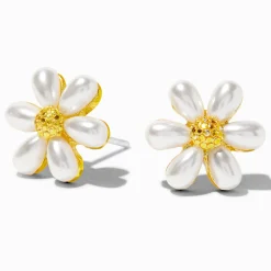 Gold Pearl Daisy Stud Earrings