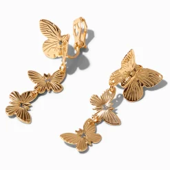 Gold 1.5" Butterfly Clip-On Drop Earrings