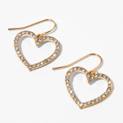 Gold 1.5" Embellished Crystal Heart Drop Earrings