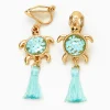 Gold 1.5" Turtle Tassel Clip-On Drop Earrings - Mint