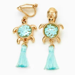 Gold 1.5" Turtle Tassel Clip-On Drop Earrings - Mint