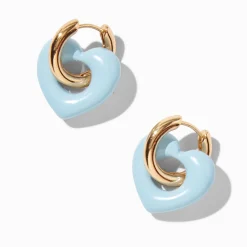Gold-tone & Light Blue Puffy Heart Hoop Earrings