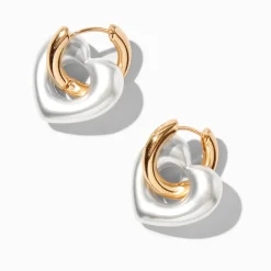 Gold-tone & Pearl Puffy Heart Hoop Earrings