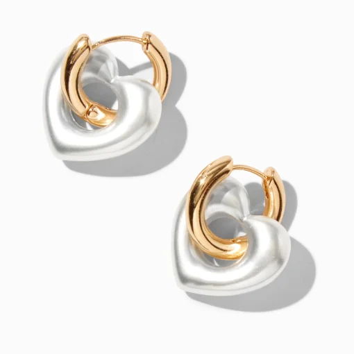 Gold-tone & Pearl Puffy Heart Hoop Earrings