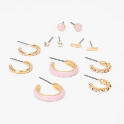 Gold-tone & Pink Earrings Set - 6 Pack