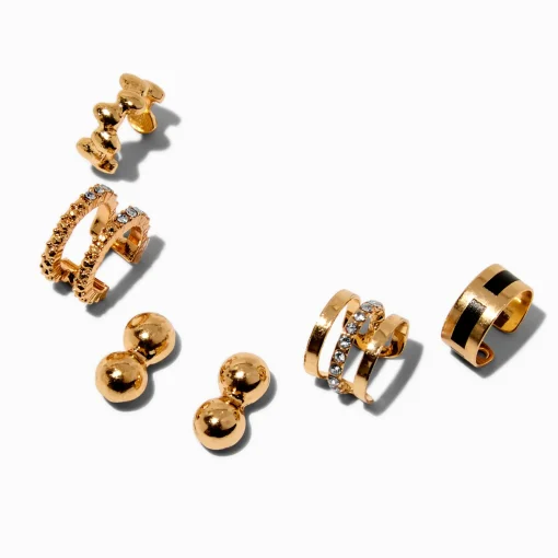 Gold-tone Ball & Crystal Ear Cuff Earring Stackables Set - 5 Pack