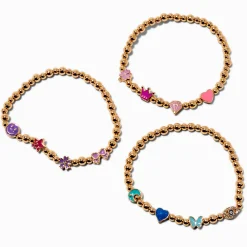 Gold-tone Bead Icon Stretch Bracelets - 3 Pack