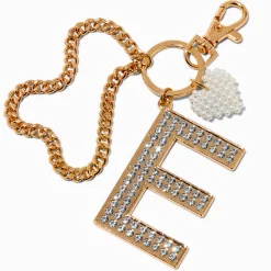 Gold-tone Bedazzled Initial Keychain - E