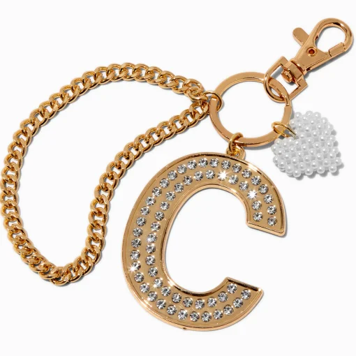 Gold-tone Bedazzled Initial Keychain - C
