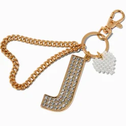 Gold-tone Bedazzled Initial Keychain - J